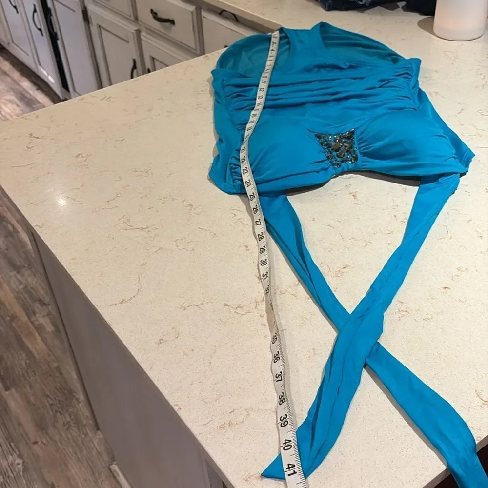 Jantzen Teal Swimsuit bejeweled chest one piece halter top SZ 16 Jeweled sequins